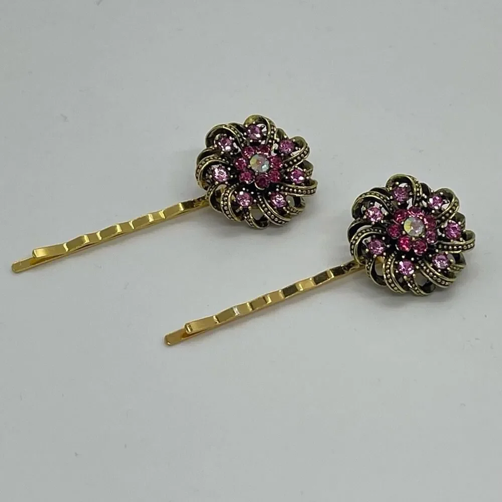 Handmade Pink Rhinestone Gold Set Hair Clips Jewelry NWT
